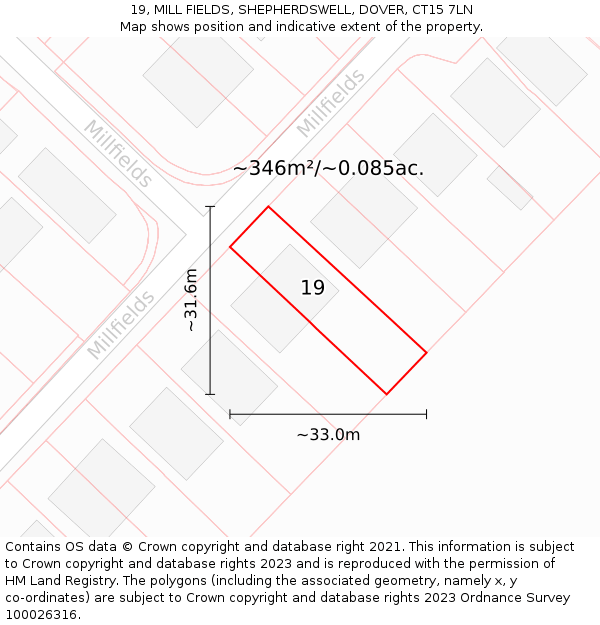 19, MILL FIELDS, SHEPHERDSWELL, DOVER, CT15 7LN: Plot and title map