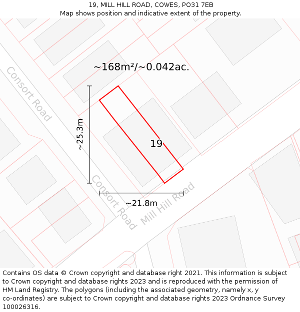 19, MILL HILL ROAD, COWES, PO31 7EB: Plot and title map