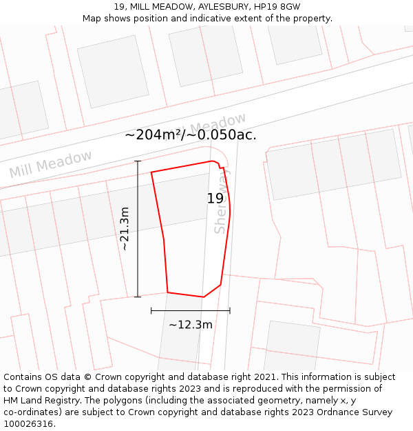 19, MILL MEADOW, AYLESBURY, HP19 8GW: Plot and title map