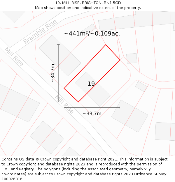19, MILL RISE, BRIGHTON, BN1 5GD: Plot and title map