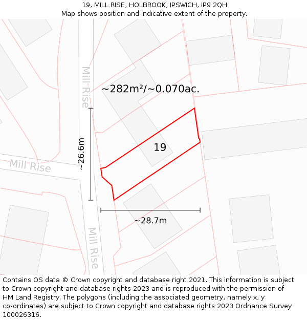 19, MILL RISE, HOLBROOK, IPSWICH, IP9 2QH: Plot and title map