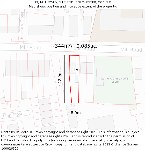19, MILL ROAD, MILE END, COLCHESTER, CO4 5LD: Plot and title map