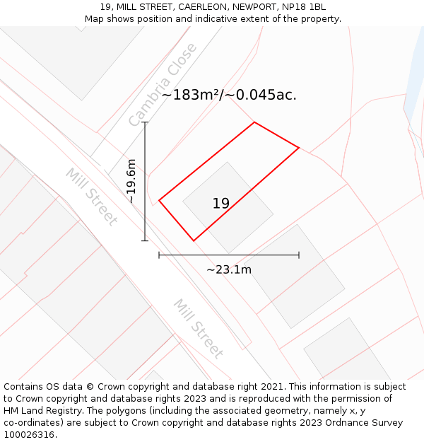 19, MILL STREET, CAERLEON, NEWPORT, NP18 1BL: Plot and title map