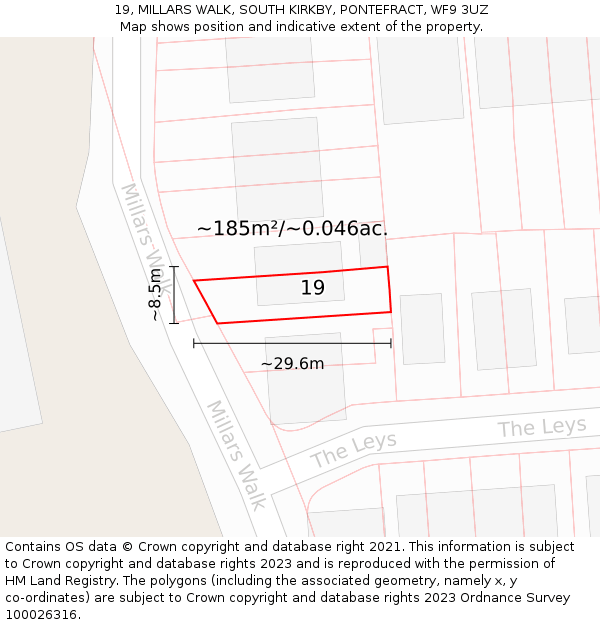 19, MILLARS WALK, SOUTH KIRKBY, PONTEFRACT, WF9 3UZ: Plot and title map