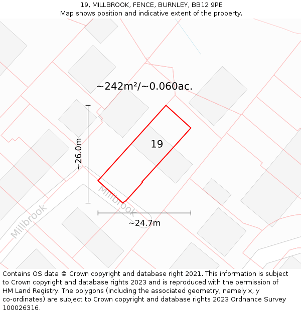 19, MILLBROOK, FENCE, BURNLEY, BB12 9PE: Plot and title map