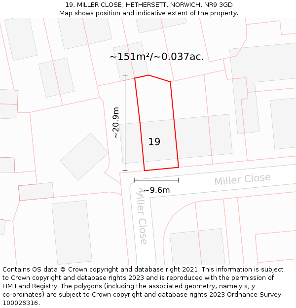 19, MILLER CLOSE, HETHERSETT, NORWICH, NR9 3GD: Plot and title map
