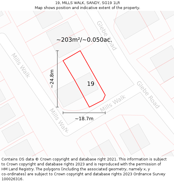19, MILLS WALK, SANDY, SG19 1LR: Plot and title map