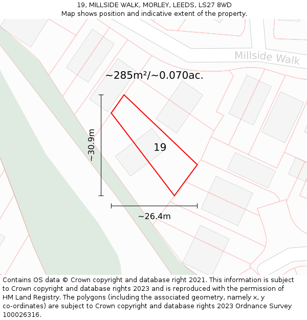 19, MILLSIDE WALK, MORLEY, LEEDS, LS27 8WD: Plot and title map