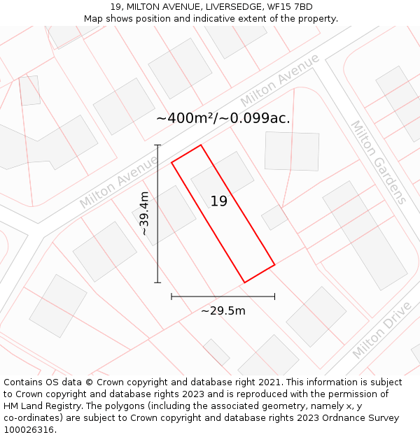 19, MILTON AVENUE, LIVERSEDGE, WF15 7BD: Plot and title map