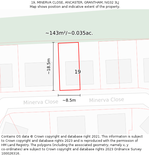 19, MINERVA CLOSE, ANCASTER, GRANTHAM, NG32 3LJ: Plot and title map