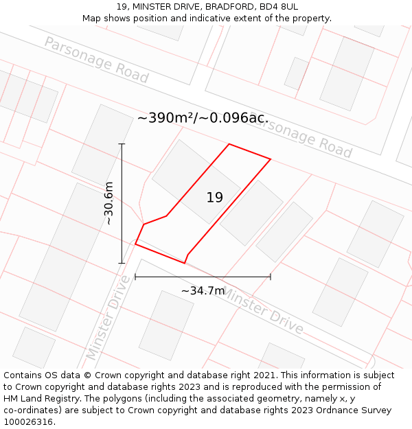 19, MINSTER DRIVE, BRADFORD, BD4 8UL: Plot and title map