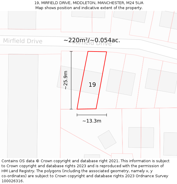 19, MIRFIELD DRIVE, MIDDLETON, MANCHESTER, M24 5UA: Plot and title map