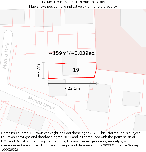 19, MONRO DRIVE, GUILDFORD, GU2 9PS: Plot and title map