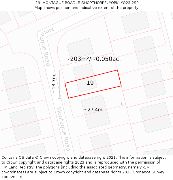 19, MONTAGUE ROAD, BISHOPTHORPE, YORK, YO23 2SP: Plot and title map
