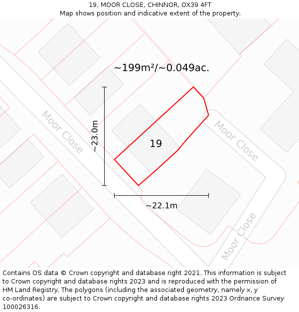 19, MOOR CLOSE, CHINNOR, OX39 4FT: Plot and title map
