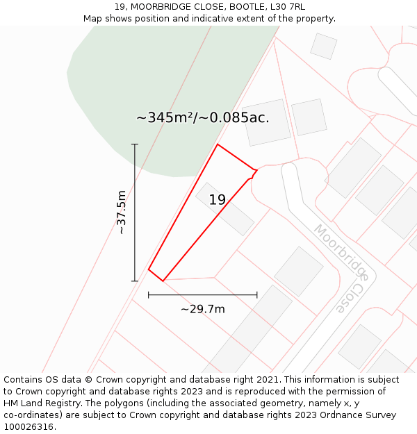 19, MOORBRIDGE CLOSE, BOOTLE, L30 7RL: Plot and title map