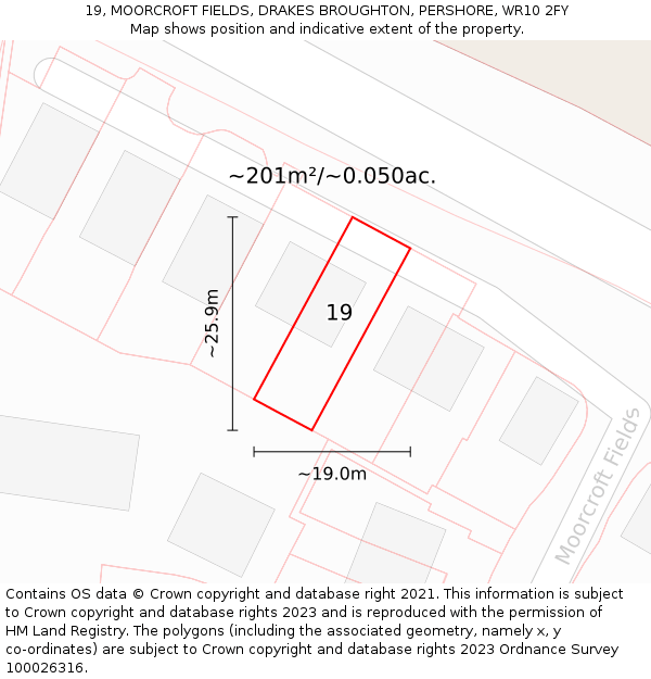 19, MOORCROFT FIELDS, DRAKES BROUGHTON, PERSHORE, WR10 2FY: Plot and title map