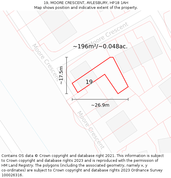 19, MOORE CRESCENT, AYLESBURY, HP18 1AH: Plot and title map