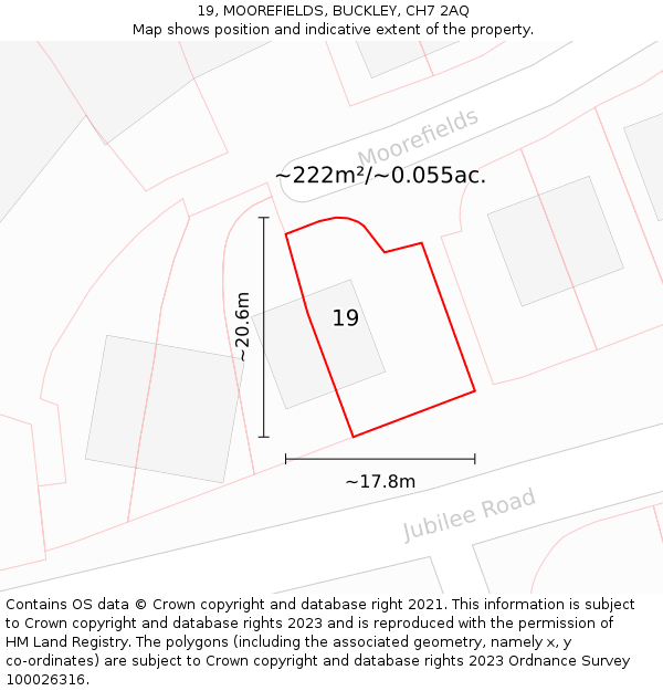 19, MOOREFIELDS, BUCKLEY, CH7 2AQ: Plot and title map