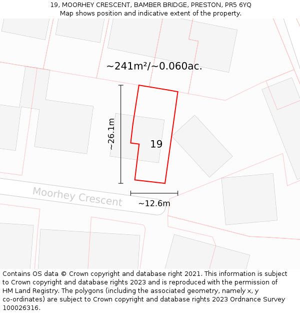 19, MOORHEY CRESCENT, BAMBER BRIDGE, PRESTON, PR5 6YQ: Plot and title map