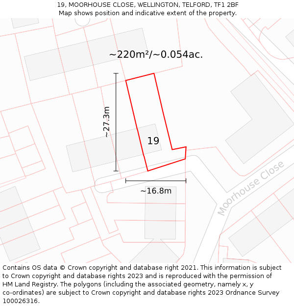 19, MOORHOUSE CLOSE, WELLINGTON, TELFORD, TF1 2BF: Plot and title map