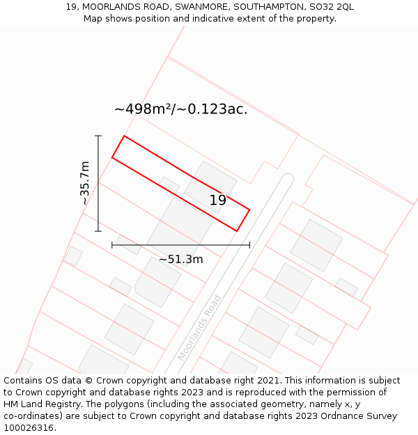 19, MOORLANDS ROAD, SWANMORE, SOUTHAMPTON, SO32 2QL: Plot and title map