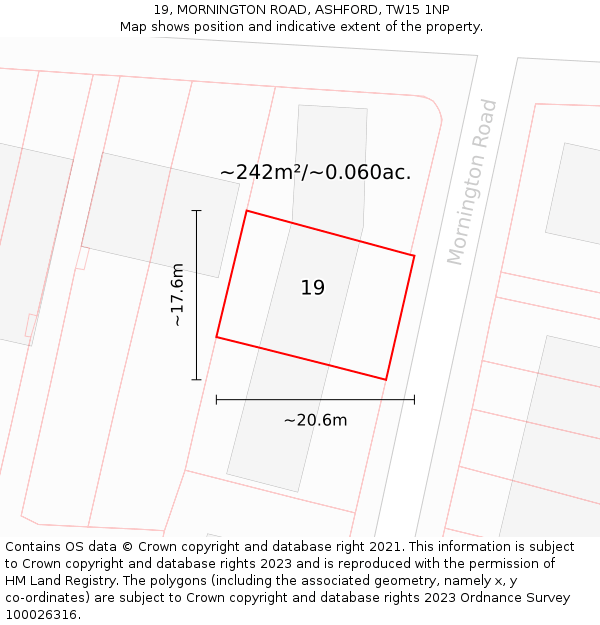 19, MORNINGTON ROAD, ASHFORD, TW15 1NP: Plot and title map