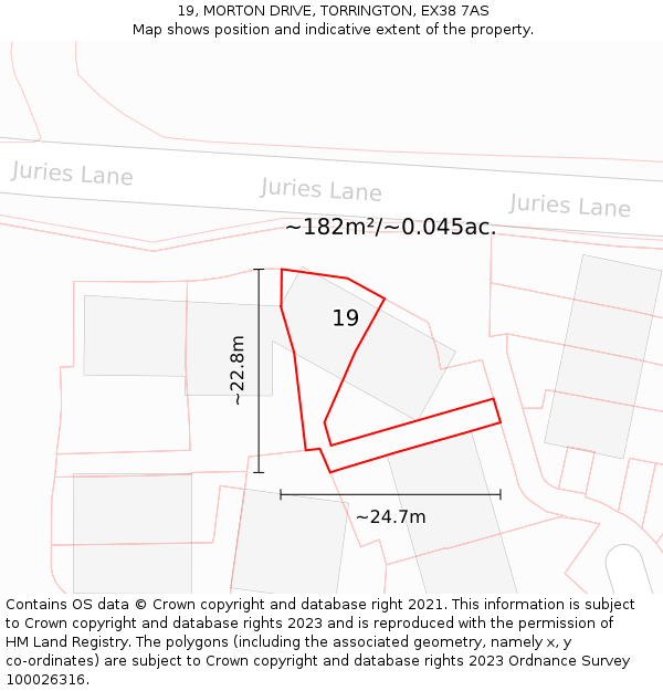 19, MORTON DRIVE, TORRINGTON, EX38 7AS: Plot and title map