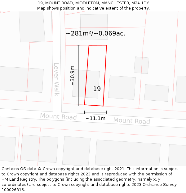 19, MOUNT ROAD, MIDDLETON, MANCHESTER, M24 1DY: Plot and title map
