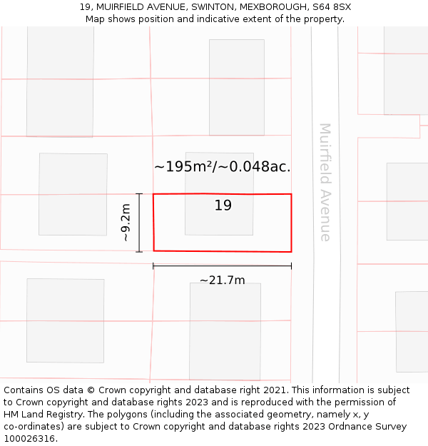 19, MUIRFIELD AVENUE, SWINTON, MEXBOROUGH, S64 8SX: Plot and title map