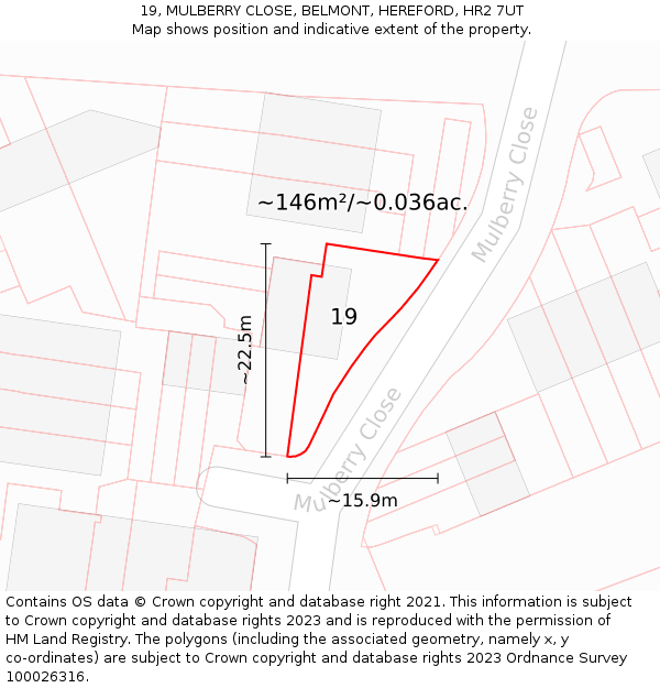 19, MULBERRY CLOSE, BELMONT, HEREFORD, HR2 7UT: Plot and title map