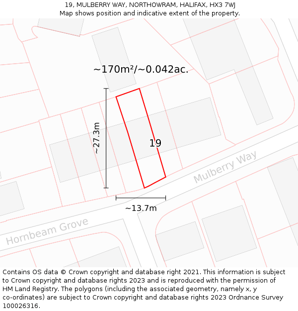 19, MULBERRY WAY, NORTHOWRAM, HALIFAX, HX3 7WJ: Plot and title map