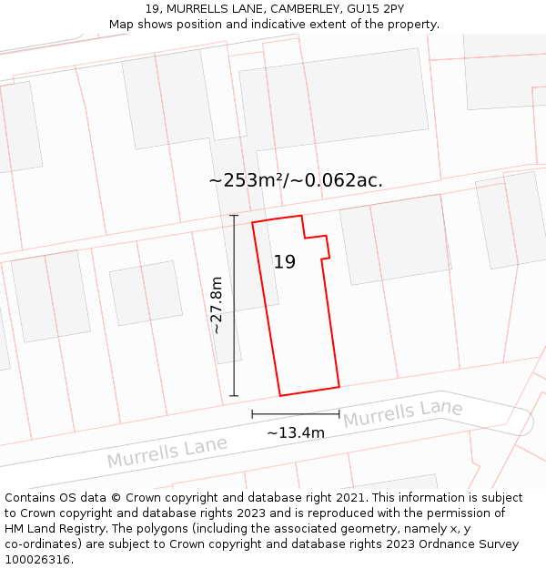 19, MURRELLS LANE, CAMBERLEY, GU15 2PY: Plot and title map