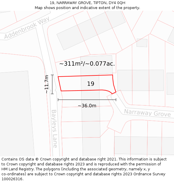 19, NARRAWAY GROVE, TIPTON, DY4 0QH: Plot and title map