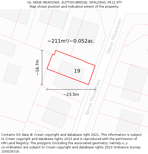 19, NENE MEADOWS, SUTTON BRIDGE, SPALDING, PE12 9TY: Plot and title map