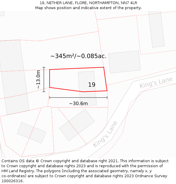 19, NETHER LANE, FLORE, NORTHAMPTON, NN7 4LR: Plot and title map