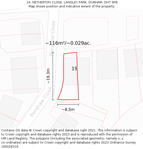 19, NETHERTON CLOSE, LANGLEY PARK, DURHAM, DH7 9FB: Plot and title map