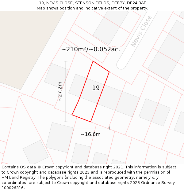 19, NEVIS CLOSE, STENSON FIELDS, DERBY, DE24 3AE: Plot and title map