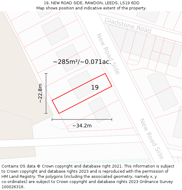 19, NEW ROAD SIDE, RAWDON, LEEDS, LS19 6DD: Plot and title map