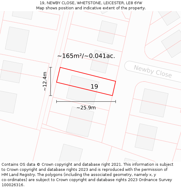 19, NEWBY CLOSE, WHETSTONE, LEICESTER, LE8 6YW: Plot and title map