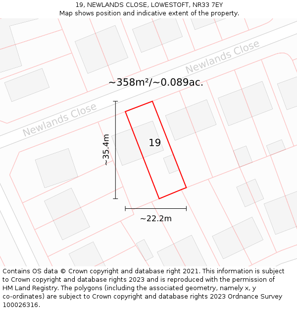 19, NEWLANDS CLOSE, LOWESTOFT, NR33 7EY: Plot and title map