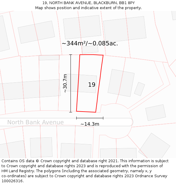19, NORTH BANK AVENUE, BLACKBURN, BB1 8PY: Plot and title map
