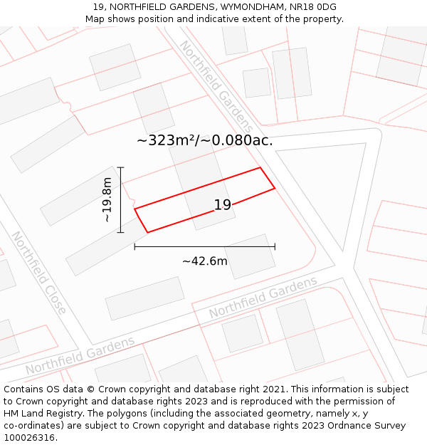 19, NORTHFIELD GARDENS, WYMONDHAM, NR18 0DG: Plot and title map