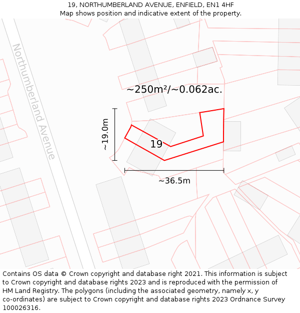 19, NORTHUMBERLAND AVENUE, ENFIELD, EN1 4HF: Plot and title map