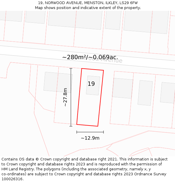 19, NORWOOD AVENUE, MENSTON, ILKLEY, LS29 6FW: Plot and title map