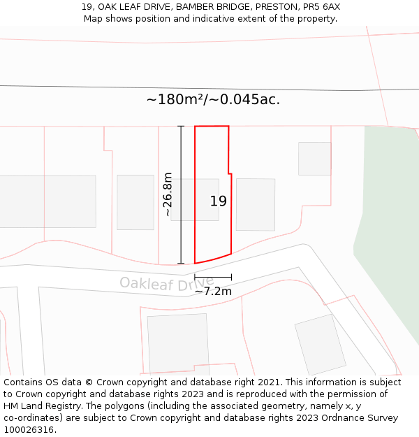 19, OAK LEAF DRIVE, BAMBER BRIDGE, PRESTON, PR5 6AX: Plot and title map