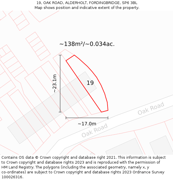 19, OAK ROAD, ALDERHOLT, FORDINGBRIDGE, SP6 3BL: Plot and title map