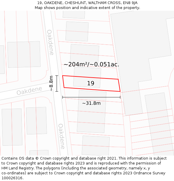 19, OAKDENE, CHESHUNT, WALTHAM CROSS, EN8 9JA: Plot and title map
