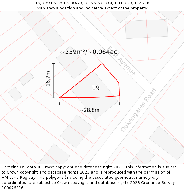 19, OAKENGATES ROAD, DONNINGTON, TELFORD, TF2 7LR: Plot and title map