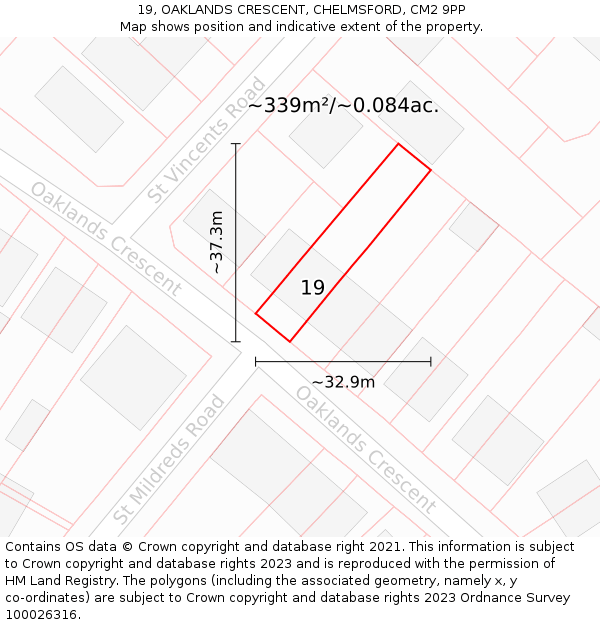 19, OAKLANDS CRESCENT, CHELMSFORD, CM2 9PP: Plot and title map